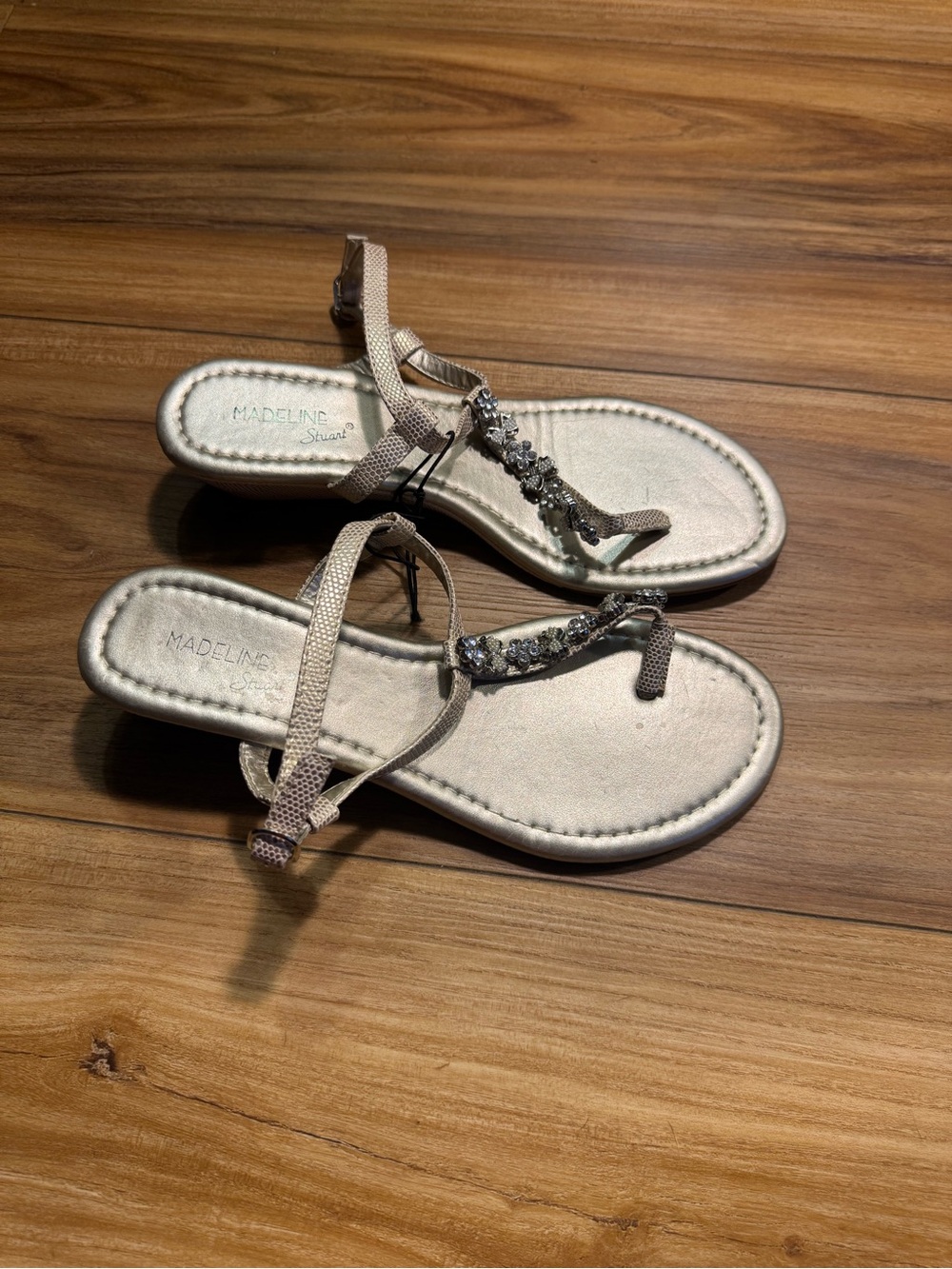 Madeline Stuart Gold Metallic Jeweled T-Strap Sandals